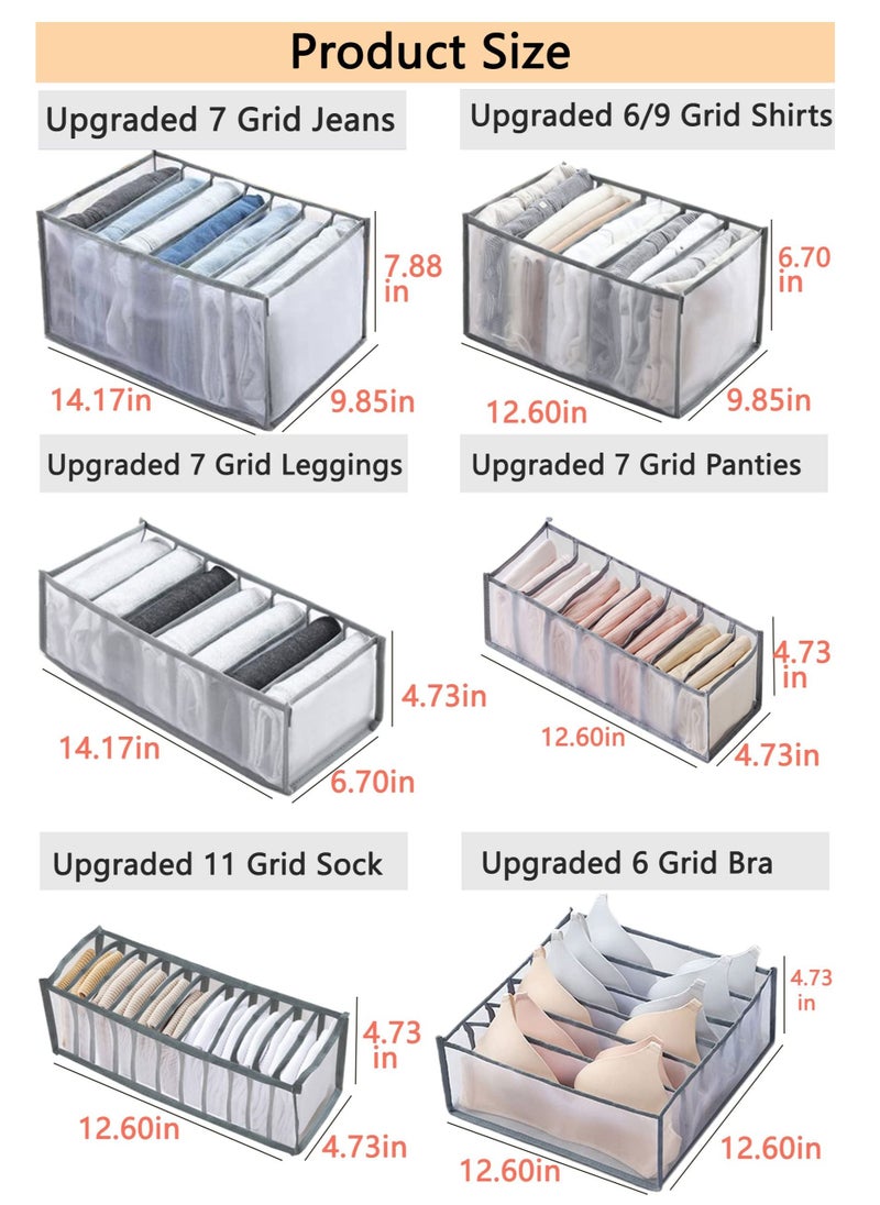 XiuWoo - 7-Piece Upgraded Wardrobe Clothes Jean Organizer, Foldable Clothes Organizer Box, Mesh Closet Underwear Storage Bins, Grey Washable Folded Wardrobe Drawer Dividers Set - Image 1