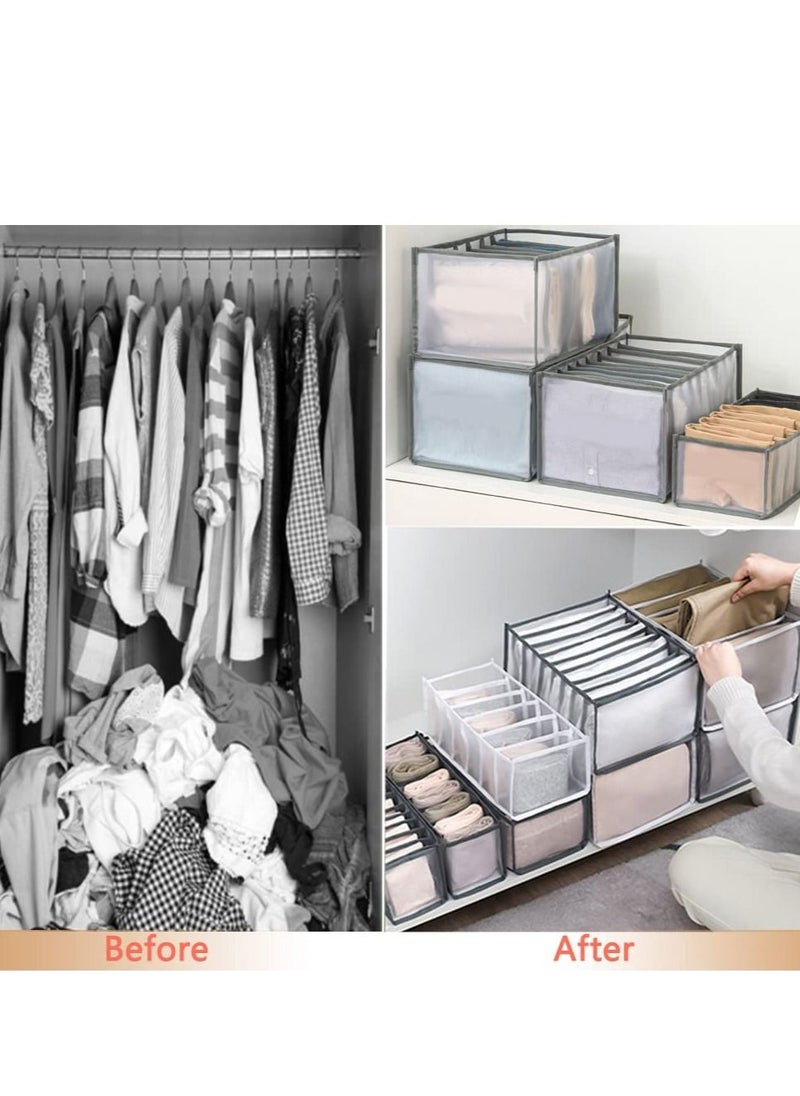 XiuWoo - 7-Piece Upgraded Wardrobe Clothes Jean Organizer, Foldable Clothes Organizer Box, Mesh Closet Underwear Storage Bins, Grey Washable Folded Wardrobe Drawer Dividers Set - Image 1