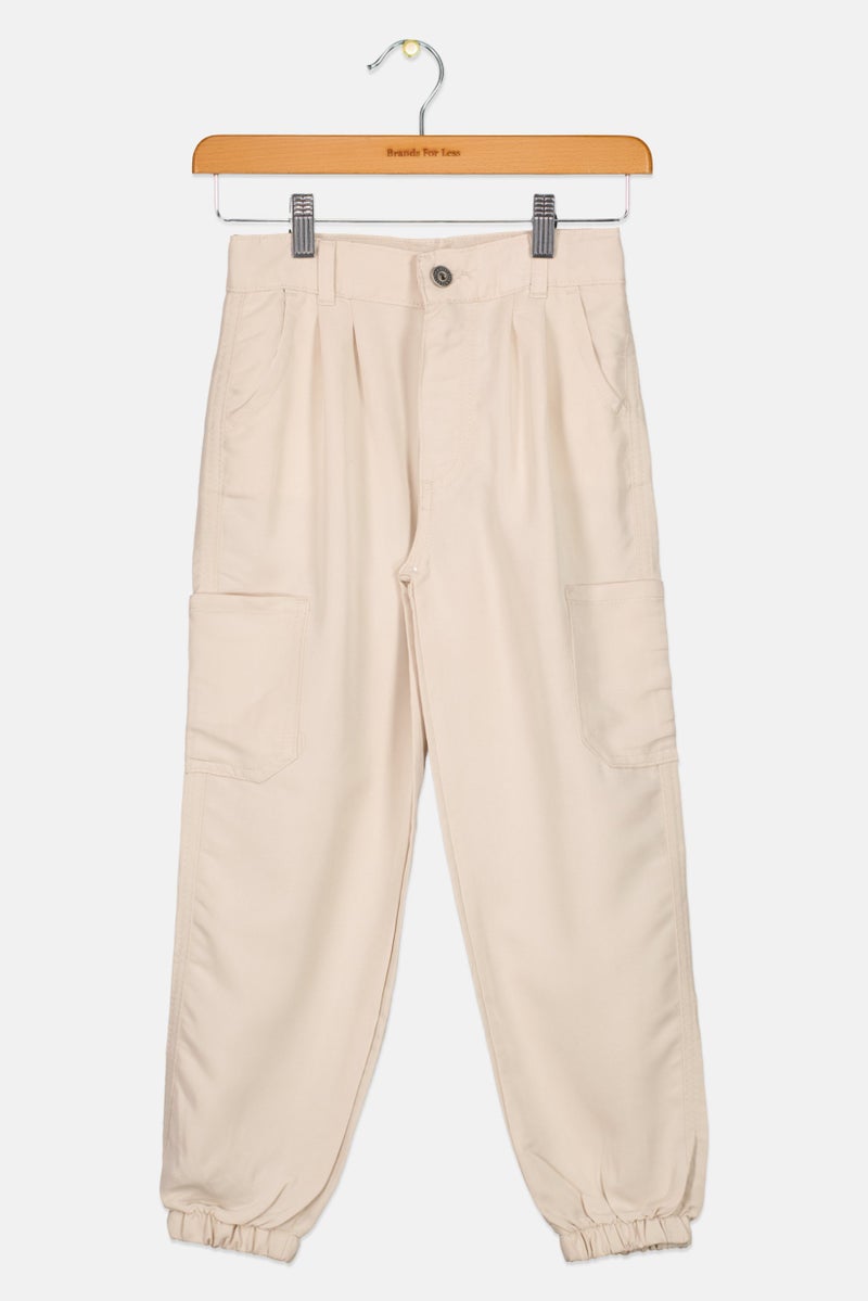 KOTON Kids Girls Solid Cargo Pants, Beige  - Image 1