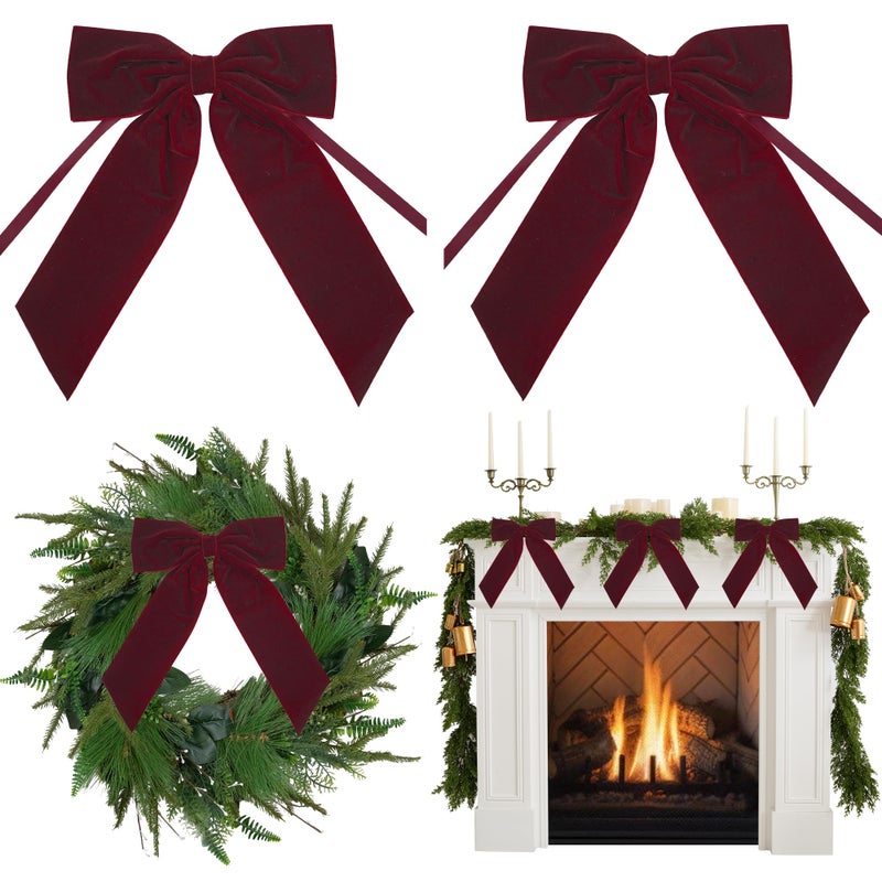 AIMUDI Burgundy Velvet Bows 7 Premade Velvet Bows Christmas Bows for Gift Wrapping Holiday Crafts Wreaths Garlands Staircase Christmas Trees Home Outdoor Decor Winter Decorations 2 PCs - Image 2