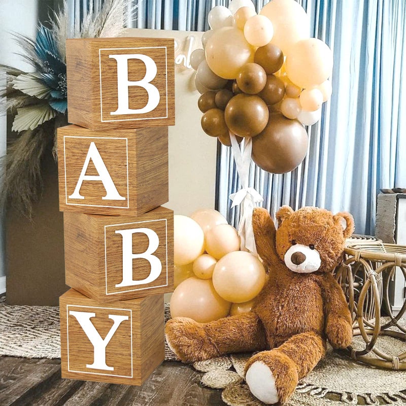 Baby Shower Boxes Birthday Party Decorations 4 Wood Grain Brown Stereoscopic Blocks with BABY Letter1st Birthday Balloon BoxesTeddy Bear Boys Girls Baby Shower Supplies Gender Reveal Backdrop