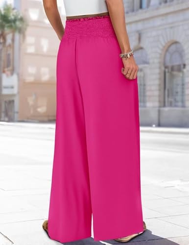 KISSMODA Womens Elastic High Waisted Palazzo Pants Casual Wide Leg Long Lounge Pant Trousers with Pocket Pink L - Image 3