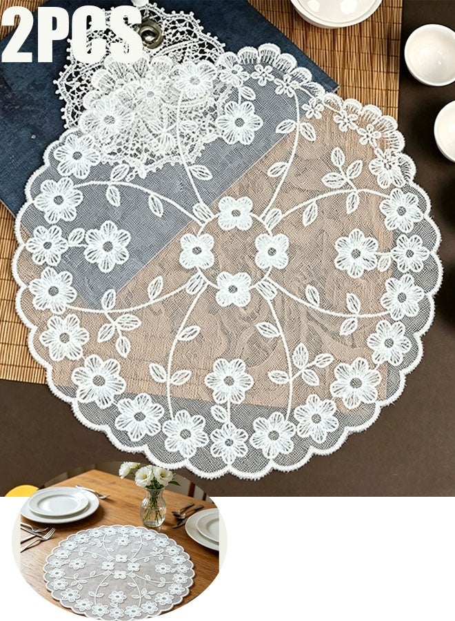 Happy D Lace Placemats, 2 Piece 28cm Embroidered Coasters, Cotton Table Mats, Vintage Floral Lace Doilies, Elegant Decorative Floral Placemats for Living Room Home Decor (White) - Image 1