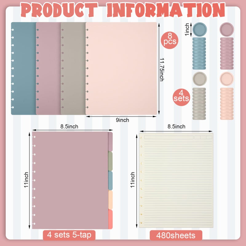Glenmal 4 Sets Discbound Notebook, 8.5" x 11" Customizable Notebook Letter Size Includes Discs 5 Tab Note Dividers College Ruled Removable Pages Refillable Subject Journal for Office(Bright Color) - Image 2