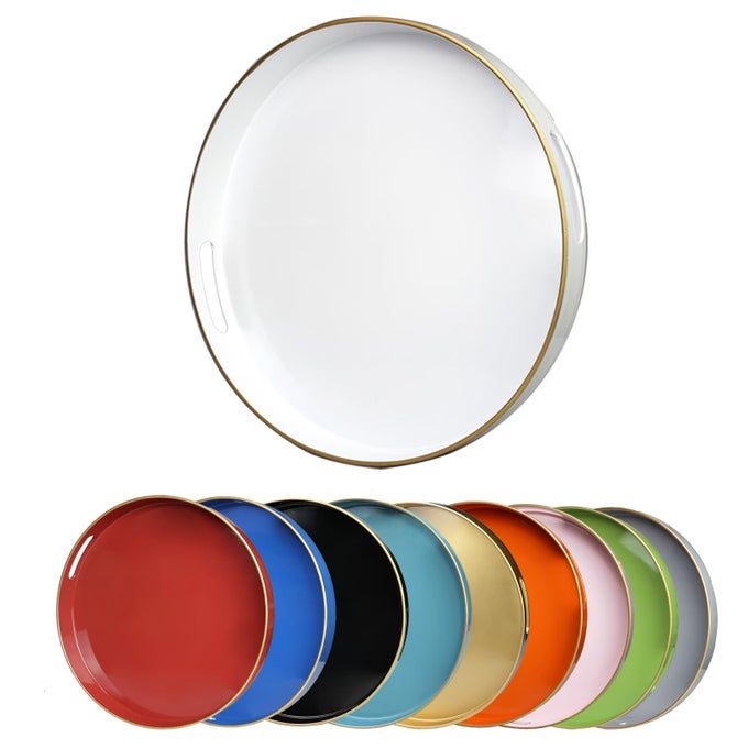 WHITE ROUND DECORATIVE TRAY WITH HANDLES 13 ELEGANT COFFEE TABLE SERVING TRAY FOR OTTOMAN LIVING ROOM BATHROOM OUTDOORS BREAKFAST