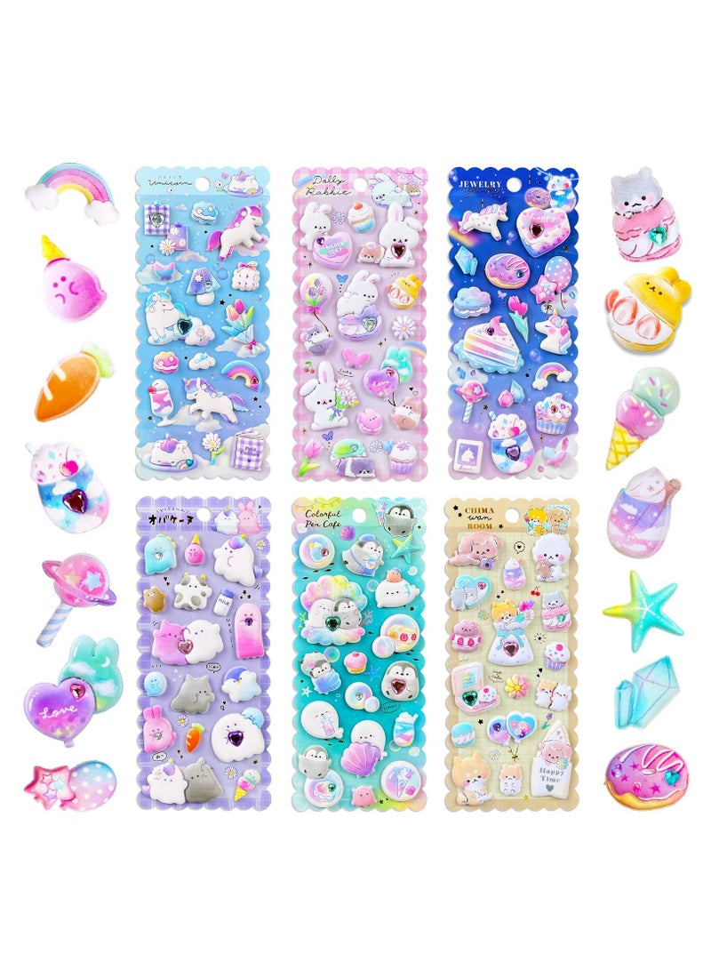 SOLARAE 6Sheets Large Kawaii Thick Puffy Stickers 3D Puffy Jelly Squeeze Stickers Playset with Gemstone Decorations Reusable 3D Puffy Animal Stickers, Food Stickers for Family Best Gift, 90pcs - Image 1