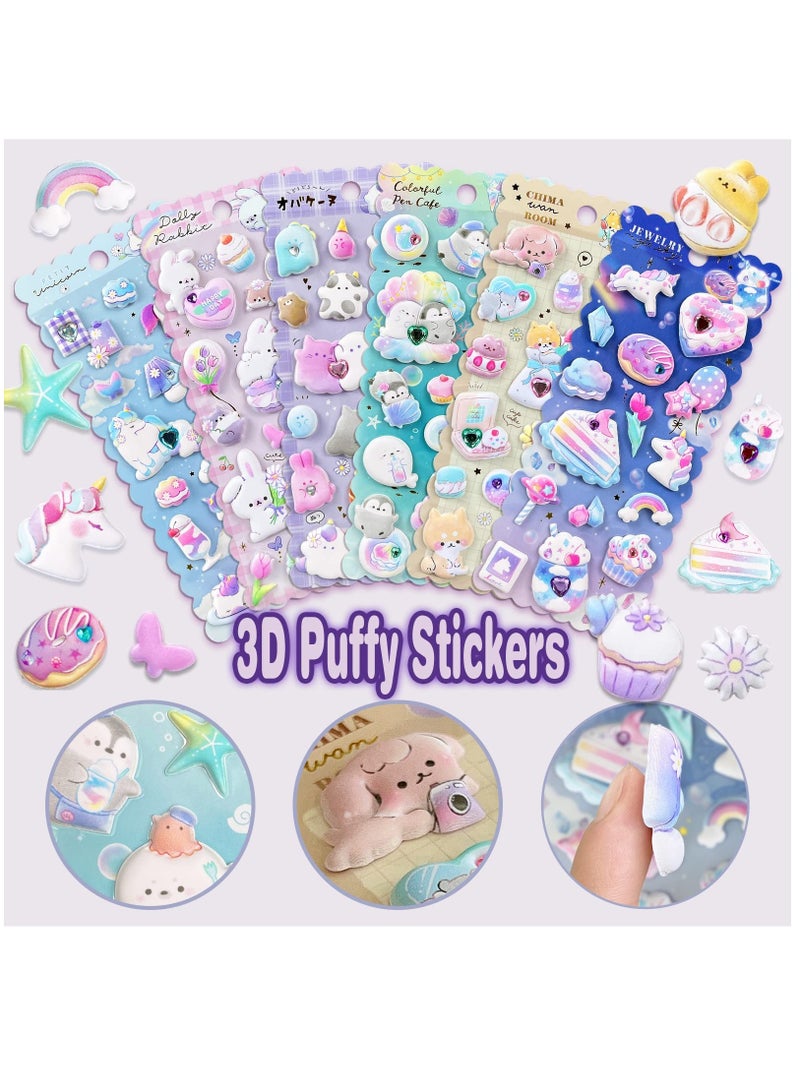 SOLARAE 6Sheets Large Kawaii Thick Puffy Stickers 3D Puffy Jelly Squeeze Stickers Playset with Gemstone Decorations Reusable 3D Puffy Animal Stickers, Food Stickers for Family Best Gift, 90pcs - Image 2