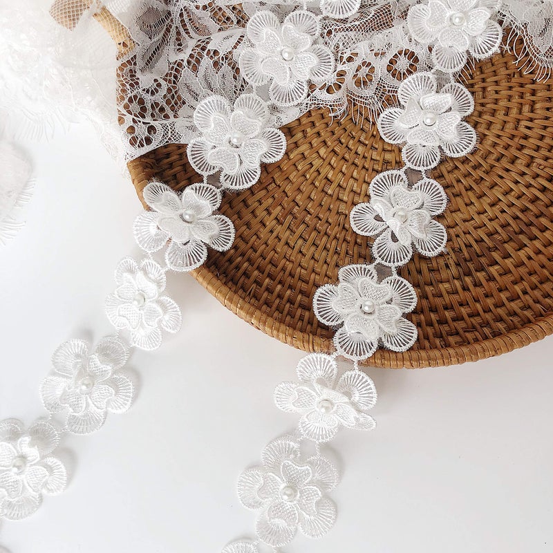 Simpless 3Yards Flower Lace Pearl TrimEmbroidered Sewing Lace Applique for DIY Sewing Crafts Wedding Dress Home dcor
