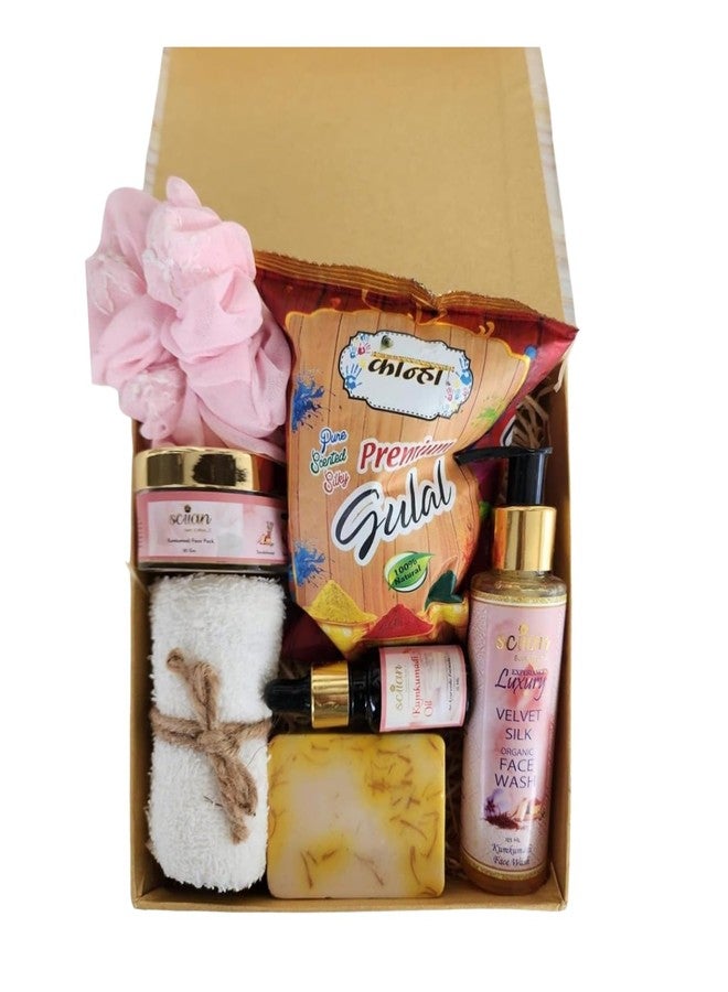 Sciian Holi Gift Hampers With Gulal | Saffron soap | Kumkumadi Facewash | Zip Scrunchie | Towel | Holi Decorations | Skin Friendly | Special Holi Gift Pack - Image 2