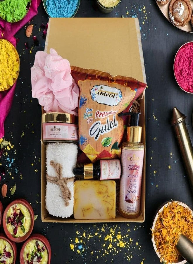 Sciian Holi Gift Hampers With Gulal | Saffron soap | Kumkumadi Facewash | Zip Scrunchie | Towel | Holi Decorations | Skin Friendly | Special Holi Gift Pack - Image 3