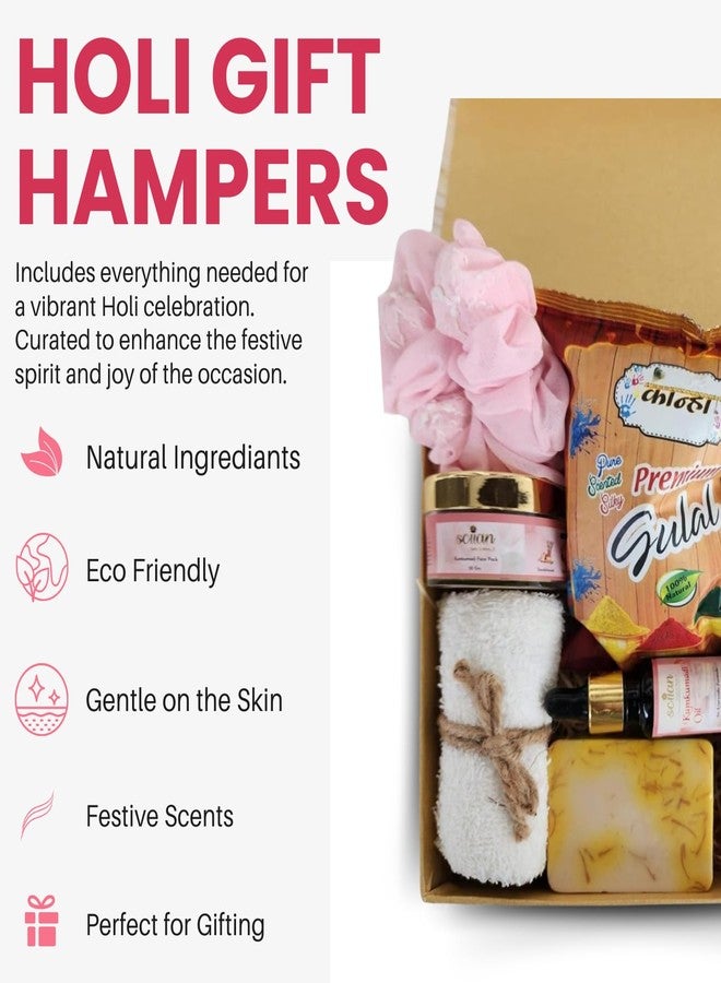 Sciian Holi Gift Hampers With Gulal | Saffron soap | Kumkumadi Facewash | Zip Scrunchie | Towel | Holi Decorations | Skin Friendly | Special Holi Gift Pack - Image 4