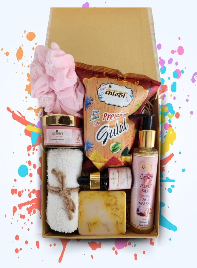 Sciian Holi Gift Hampers With Gulal | Saffron soap | Kumkumadi Facewash | Zip Scrunchie | Towel | Holi Decorations | Skin Friendly | Special Holi Gift Pack - Image 5