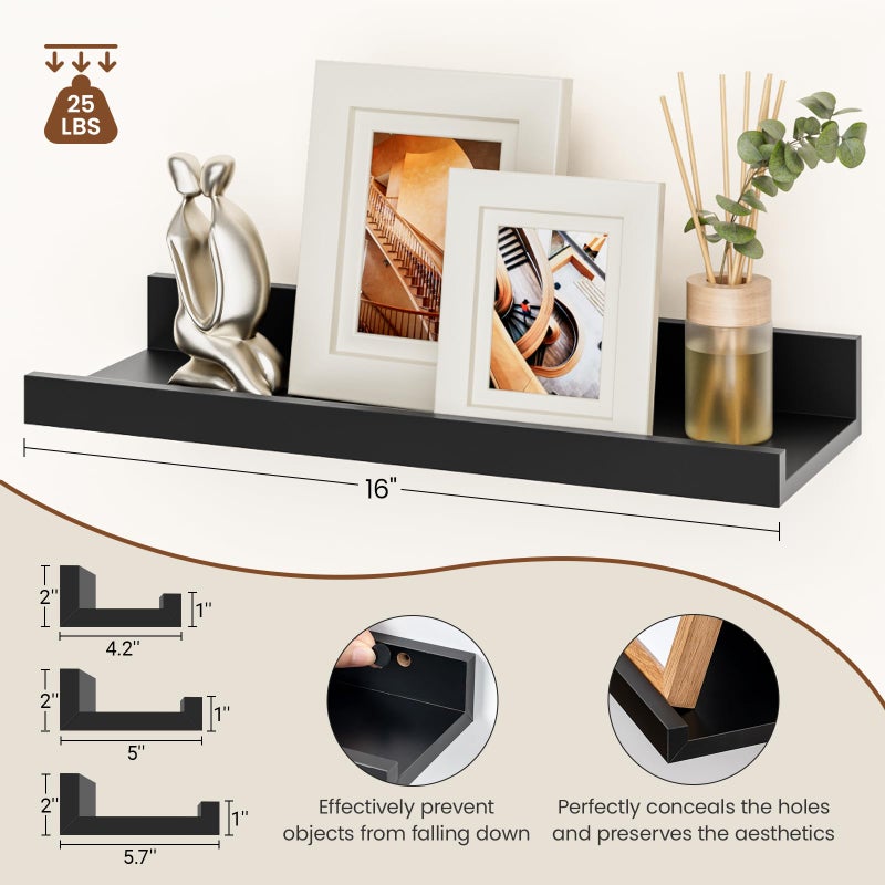 Heimlove Floating Shelves Set of 6, 16" Wall Mounted Picture Ledge, Display Shelf Organizer for Decor Storage, Wall Mounted Shelves for Living Room, Bedroom, Bathroom, Kitchen (Black) - Image 3