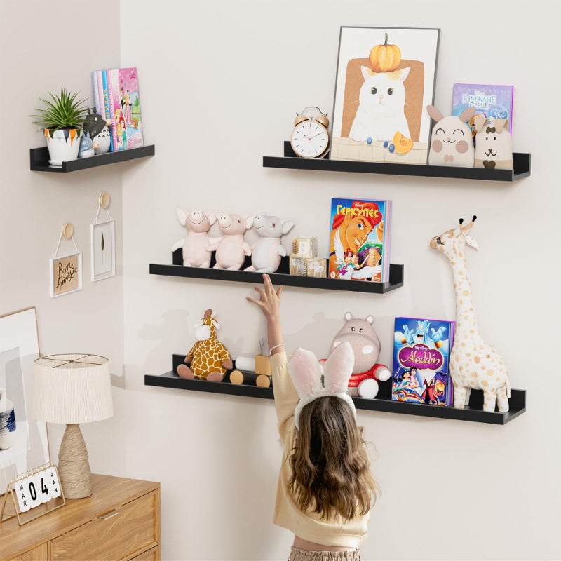 Heimlove Floating Shelves Set of 6, 16" Wall Mounted Picture Ledge, Display Shelf Organizer for Decor Storage, Wall Mounted Shelves for Living Room, Bedroom, Bathroom, Kitchen (Black) - Image 5