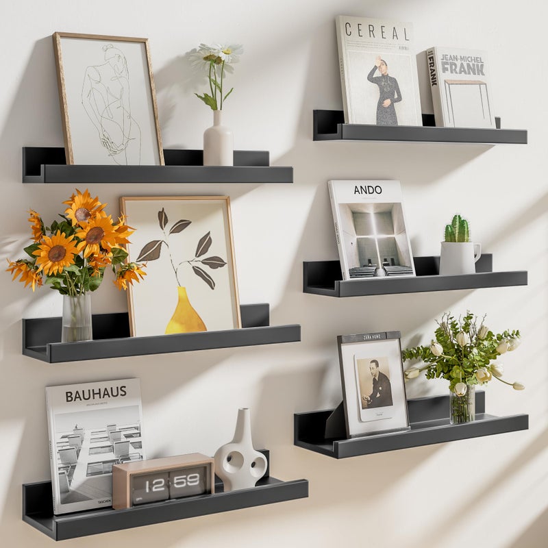 Heimlove Floating Shelves Set of 6, 16" Wall Mounted Picture Ledge, Display Shelf Organizer for Decor Storage, Wall Mounted Shelves for Living Room, Bedroom, Bathroom, Kitchen (Black) - Image 1