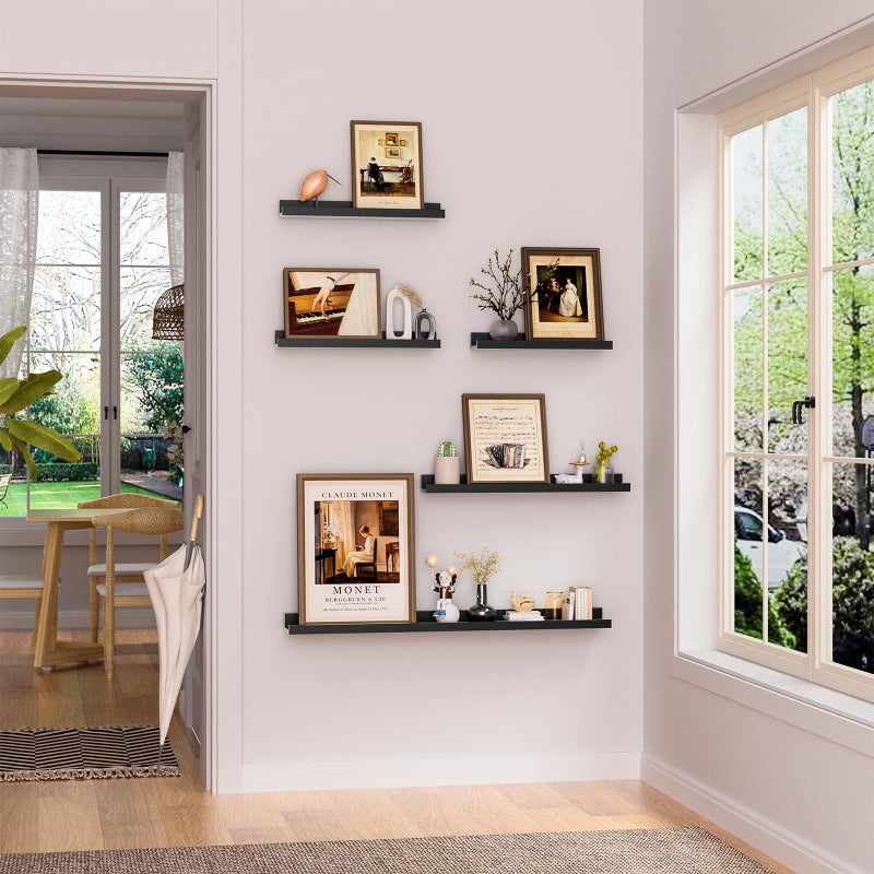 Heimlove Floating Shelves Set of 6, 16" Wall Mounted Picture Ledge, Display Shelf Organizer for Decor Storage, Wall Mounted Shelves for Living Room, Bedroom, Bathroom, Kitchen (Black) - Image 2