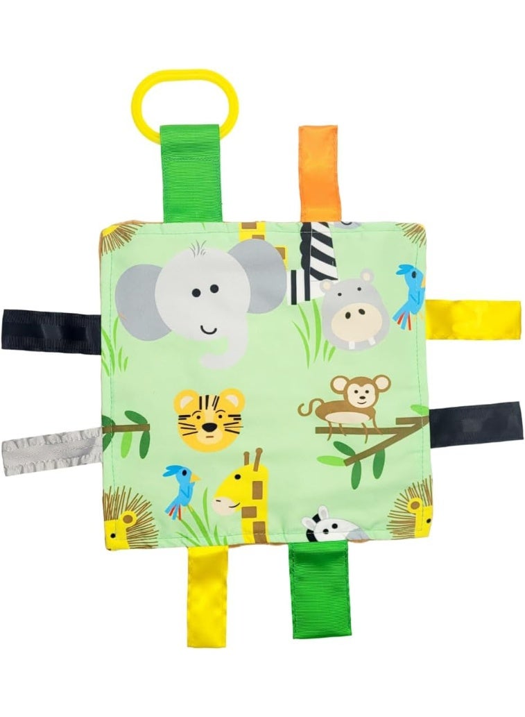The Learning Lovey Baby Jack & Co 8x8” Jungle Zoo Animals Lovey Tag Toys for Babies - Crinkle Toys for Development of 5 Senses - Soft & Safe - Learn Shapes & Colors - Tummy Time - Soother - BPA Free w/Stroller Clip - Image 1