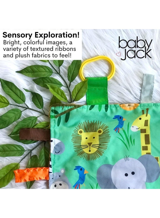 The Learning Lovey Baby Jack & Co 8x8” Jungle Zoo Animals Lovey Tag Toys for Babies - Crinkle Toys for Development of 5 Senses - Soft & Safe - Learn Shapes & Colors - Tummy Time - Soother - BPA Free w/Stroller Clip - Image 2