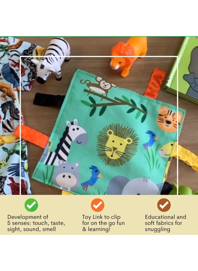 The Learning Lovey Baby Jack & Co 8x8” Jungle Zoo Animals Lovey Tag Toys for Babies - Crinkle Toys for Development of 5 Senses - Soft & Safe - Learn Shapes & Colors - Tummy Time - Soother - BPA Free w/Stroller Clip - Image 5