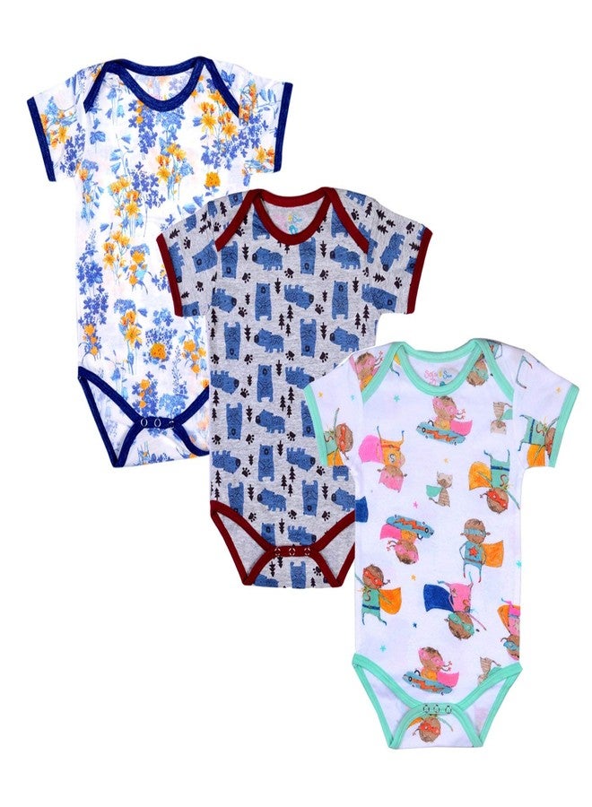 Sofie & Sam Baby Romper Half Sleeves Premium Cotton Pack of 3 - Florat/Superkids/Bear (12-18 Months) - Image 1