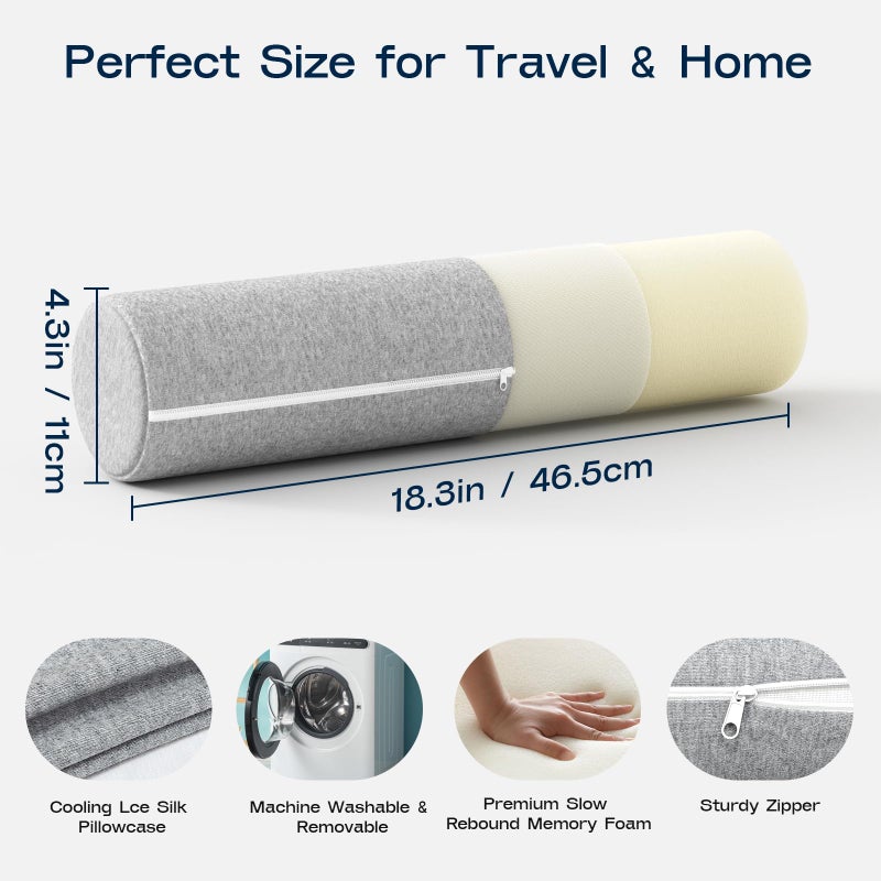 Forcanby Neck Roll Pillow, Memory Foam Neck Support Pillows, Round Neck Pillows, Cylinder Bolster Pillows for Bed, Couch, and Yoga, Removable Washable Cover,18 * 4 * 4 inch (Small,Grey) - Image 2