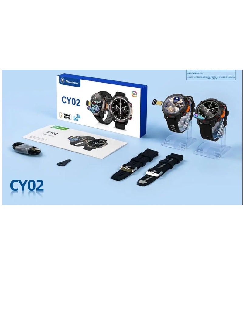 سمارت باري ساعة ذكية CY02 5G دائرية الشكل تعمل بنظام أندرويد مع شريحة اتصال وذاكرة وصول عشوائي 6 جيجابايت وذاكرة قراءة فقط 64 جيجابايت وكاميرا وحزامين - أسود - Image 2