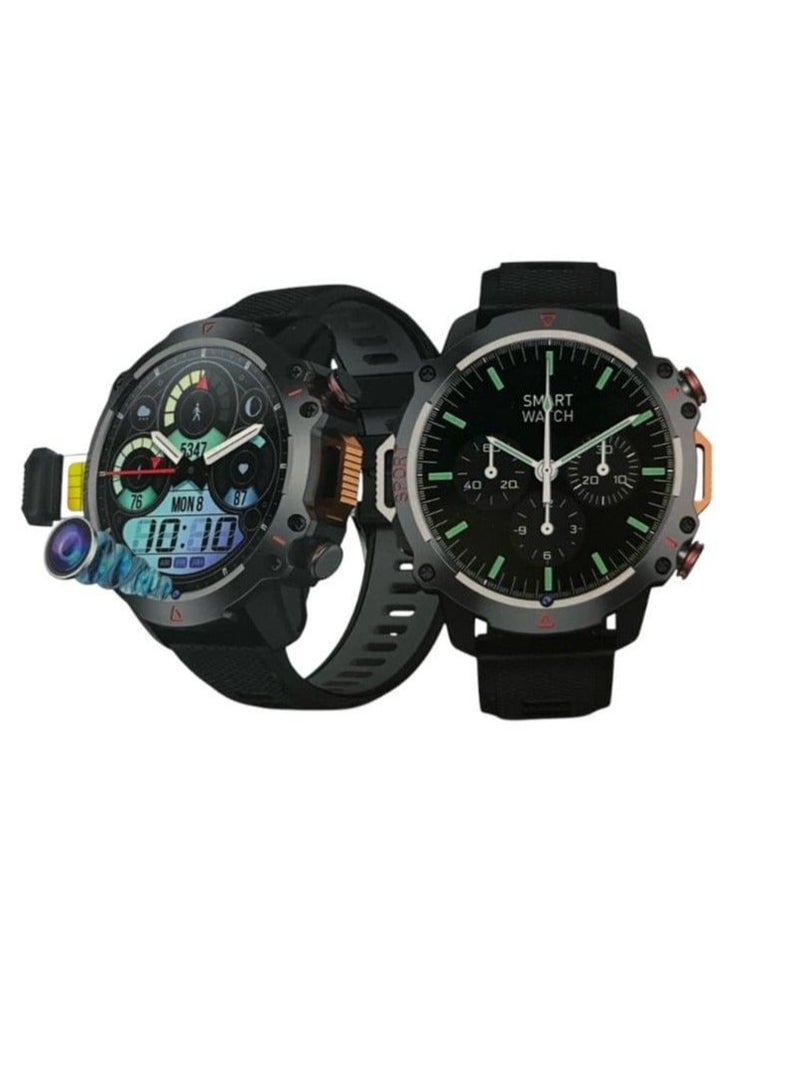سمارت باري ساعة ذكية CY02 5G دائرية الشكل تعمل بنظام أندرويد مع شريحة اتصال وذاكرة وصول عشوائي 6 جيجابايت وذاكرة قراءة فقط 64 جيجابايت وكاميرا وحزامين - أسود - Image 1