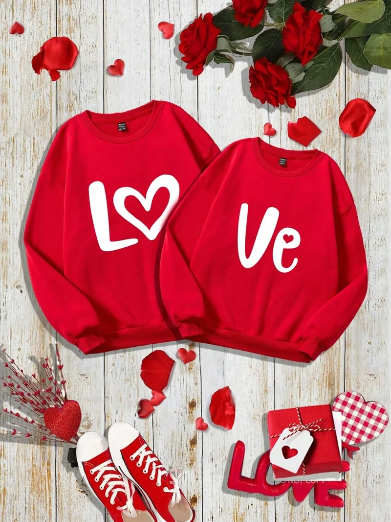 دوغ فش Women's Red Valentine Day Sweatshirt Heart Long Sleeve Crew Neck Oversize