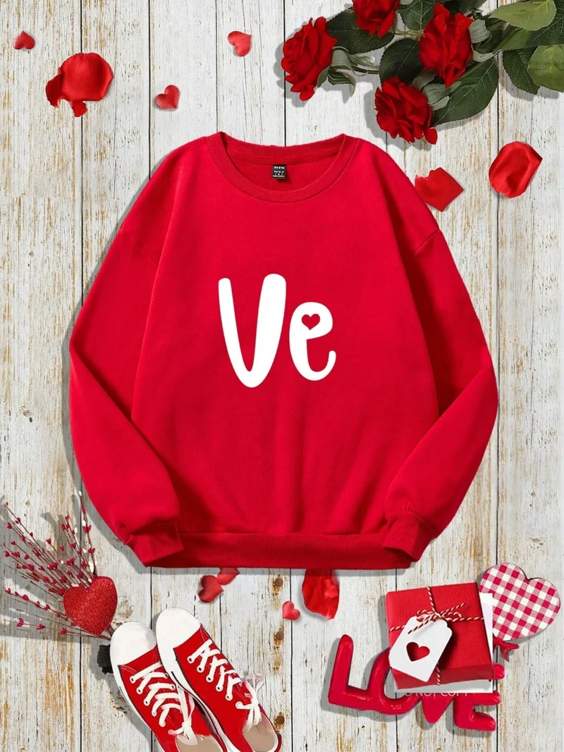 دوغ فش Women's Red Valentine Day Sweatshirt Heart Long Sleeve Crew Neck Oversize