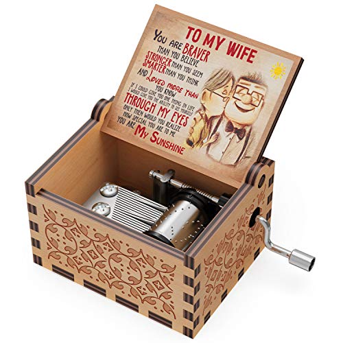 Huntmic You are My Sunshine Wood Music Boxes,Laser Engraved Vintage Wooden Sunshine Musical Box Gifts for Girlfriend,Boyfriend,Family Friends,On Birthday,Festival (to My Wife) - Image 2
