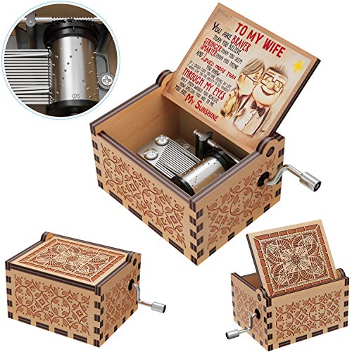 Huntmic You are My Sunshine Wood Music Boxes,Laser Engraved Vintage Wooden Sunshine Musical Box Gifts for Girlfriend,Boyfriend,Family Friends,On Birthday,Festival (to My Wife) - Image 4