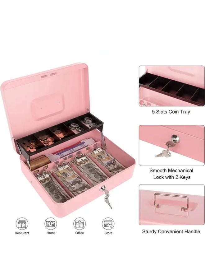 صندوق نقدي وردي ثقيل بمفتاح قفل مدمج ومنظم صينية نقود آمن - Image 4