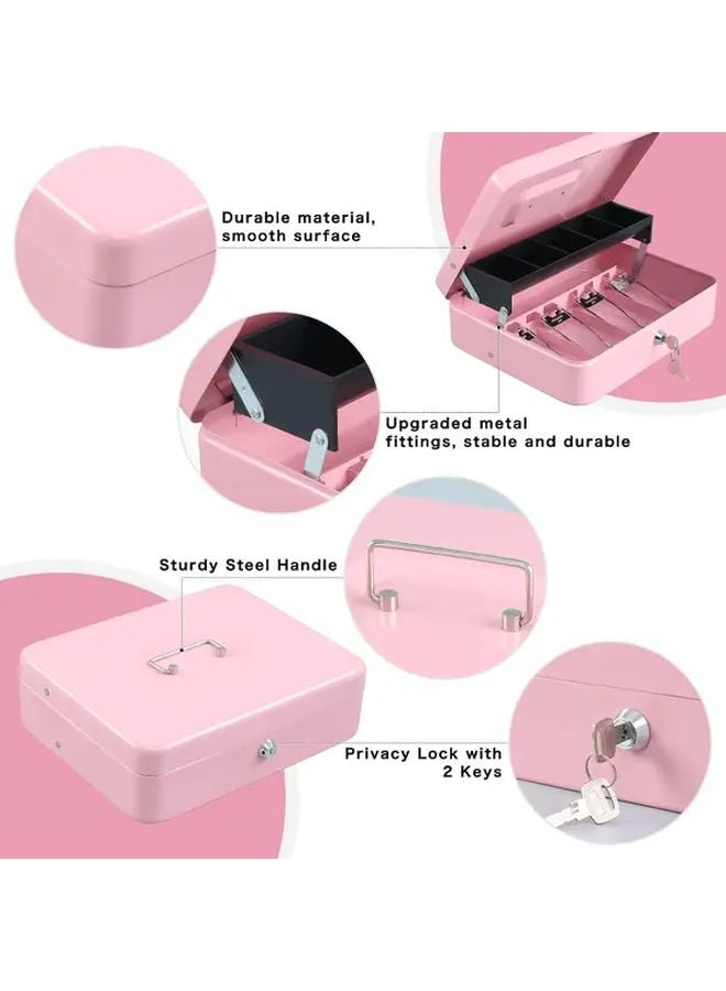 صندوق نقدي وردي ثقيل بمفتاح قفل مدمج ومنظم صينية نقود آمن - Image 5