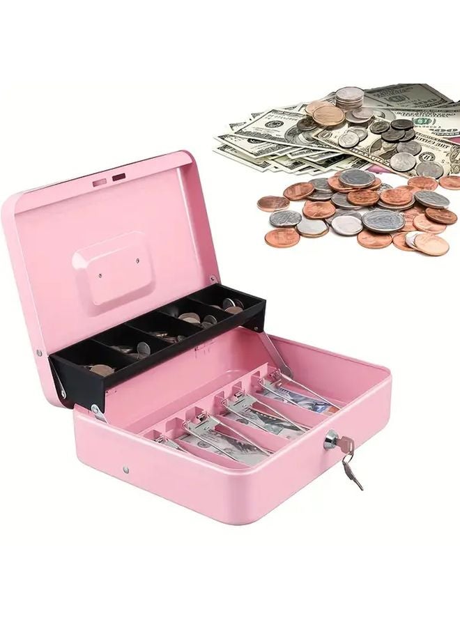 صندوق نقدي وردي ثقيل بمفتاح قفل مدمج ومنظم صينية نقود آمن - Image 2