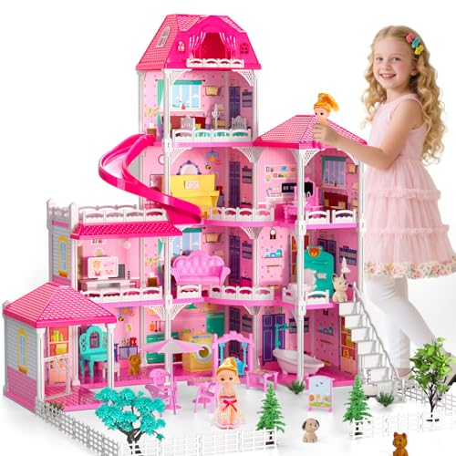 Doloowee DIY Dolls House for Girls  4Level 10Room Villa with 2 Dolls 4 Dogs  Rich Accessories DollsHouse Toys for Kids 48 Years Old - Image 1