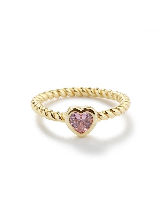 Precious Pieces خاتم أطفال مزين بذهب عيار 14 قيراط على شكل حبل ملتوي مع قلب من زركونيا وردية للأطفال والرضع والصغار والفتيات الصغيرات (المقاس 1) - Image 1