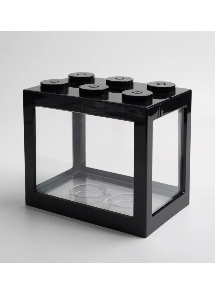 Rubik DIY Mini Betta Fish Tank, Small Transparent Fish Aquarium Stackable Tank, Aquarium Lego Design Block Type (Black) - Image 1