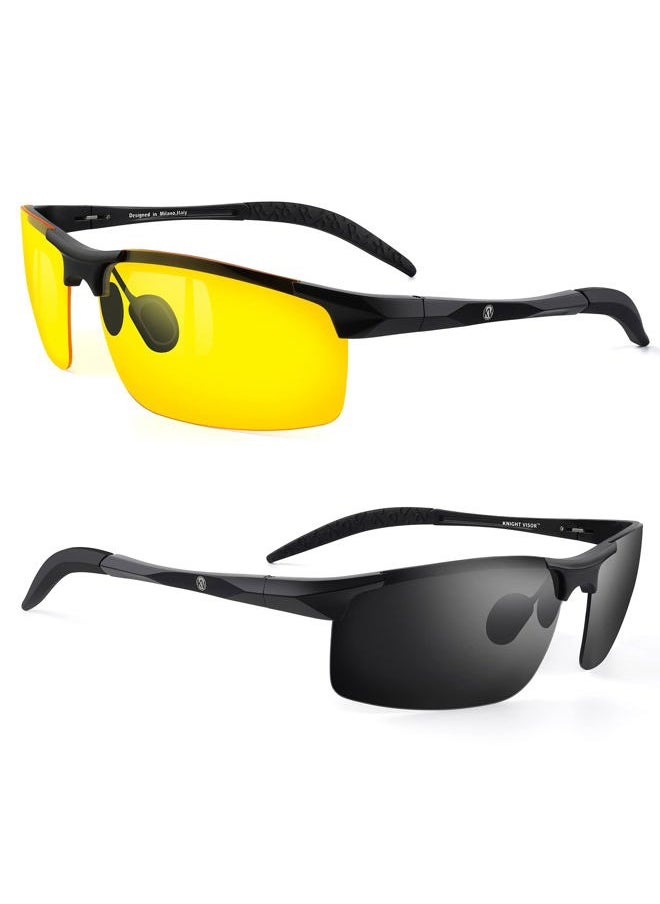 BLUPOND Set of 2 HD Day and Night Driving Glasses for Men and Women - Polarized Sport Sunglass and Yellow Night Vision Glass With Car Clip Holder (1 Yellow Lens + 1 Black Lens)  - Image 1