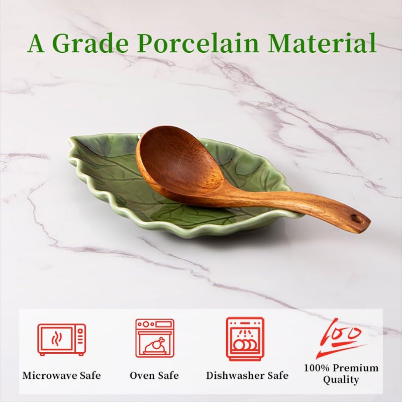 YumiPLUS Ceramic Leaf Shape Spoon Rest for cooking, Cute Green Cooking Spoon Holder for Stove Top,Large Porcelain Spatula Rest for Kitchen Counter, Farmhouse Kitchen Decor (green) - Image 3