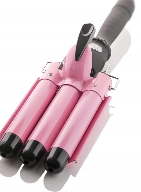 Three Barrel Curling Iron Wand with LCD Temperature Display - 1 Inch Ceramic Tourmaline Triple Barrels, Dual Voltage Crimp (Pink)