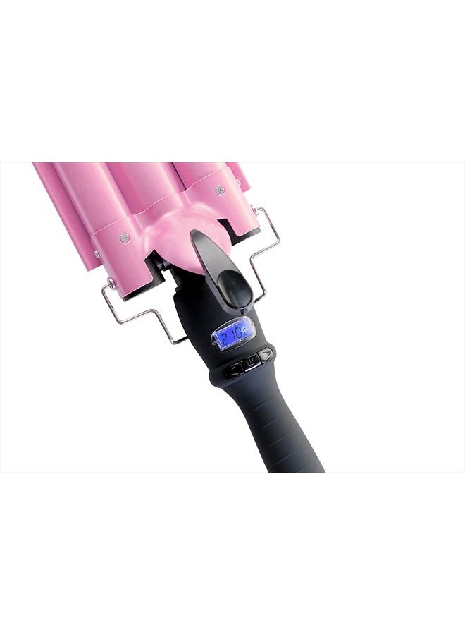 Three Barrel Curling Iron Wand with LCD Temperature Display - 1 Inch Ceramic Tourmaline Triple Barrels, Dual Voltage Crimp (Pink)