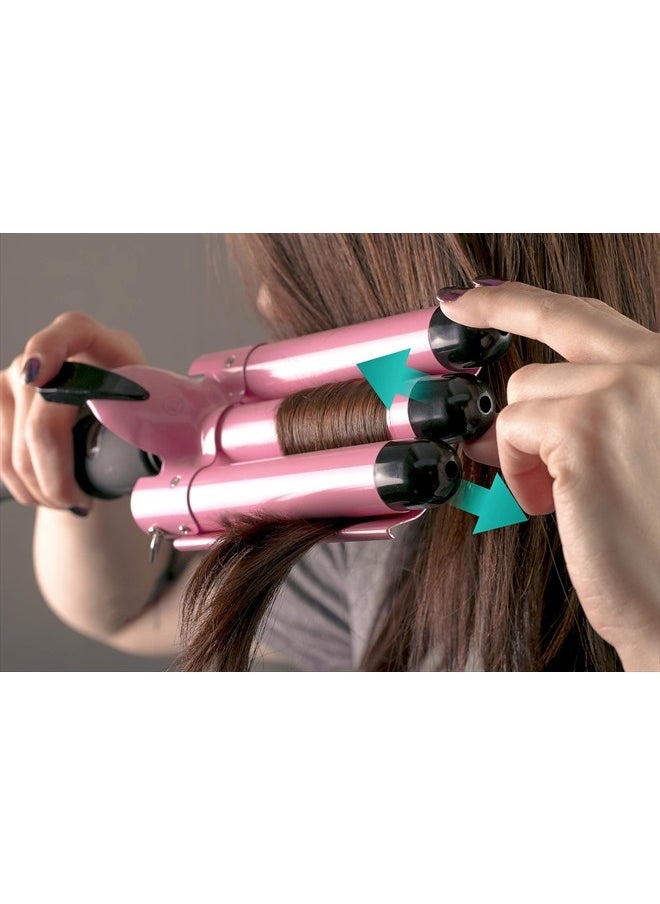 Alure Three Barrel Curling Iron Wand with LCD Temperature Display - 1 Inch Ceramic Tourmaline Triple Barrels, Dual Voltage Crimp (Pink)  - Image 5