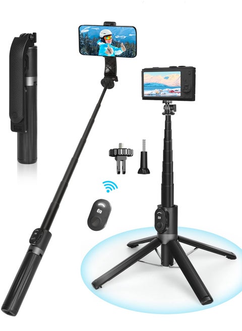 Selfie Stick Tripod140cm Extendable Phone Tripod Stand for iPhone Android Phone Travel Tripod with Rechargeable Remote & Camera Connector Kit Portable and Compact