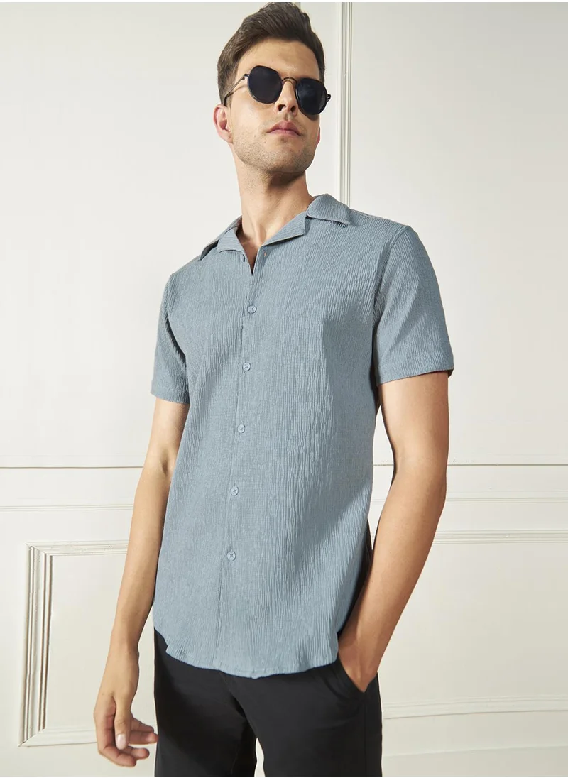 دينيس لينغو Relaxed Fit Grey Shirt for Men - Lycra Seer Sucker Fabric, Textured Pattern, Cuban Collar, Half Sleeves, Casual Look