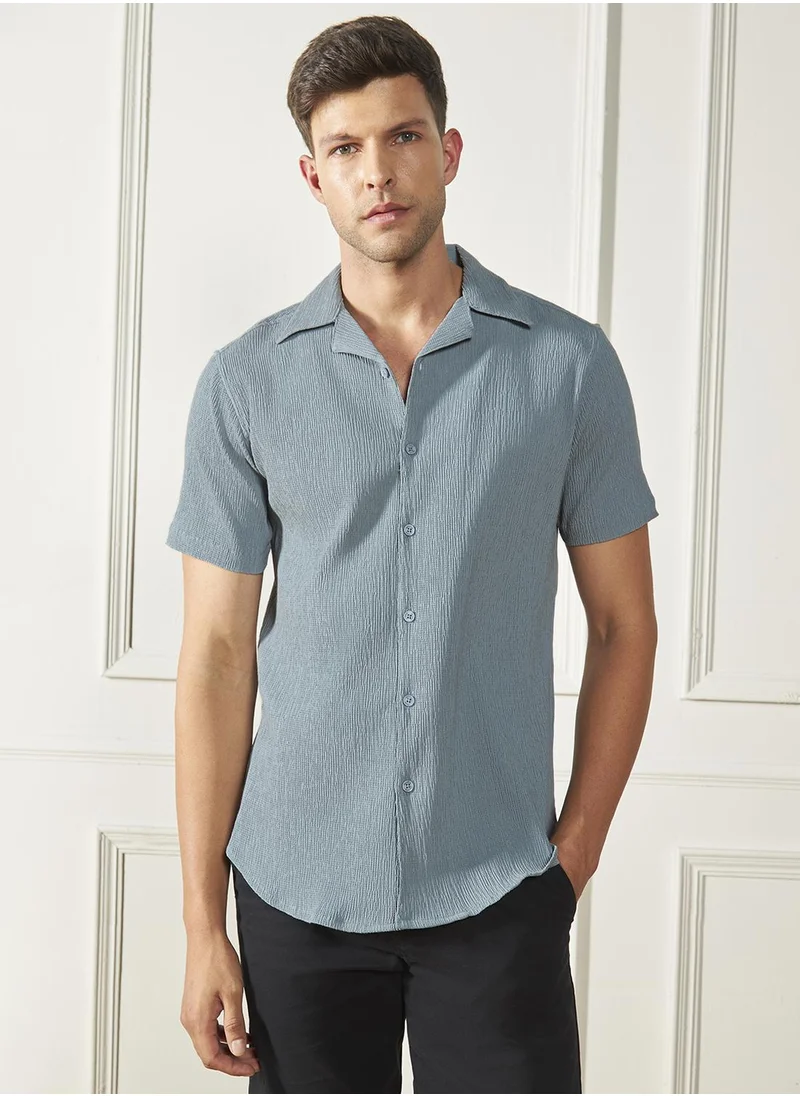 دينيس لينغو Relaxed Fit Grey Shirt for Men - Lycra Seer Sucker Fabric, Textured Pattern, Cuban Collar, Half Sleeves, Casual Look