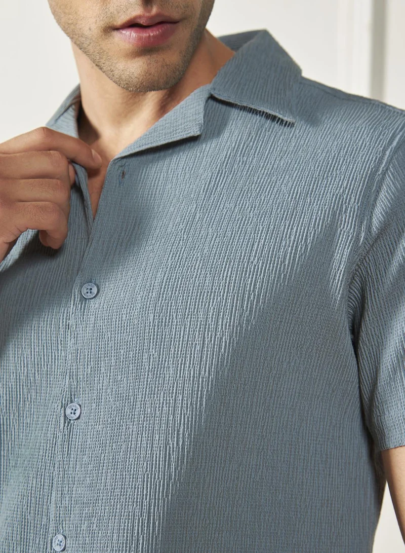 Dennis Lingo Relaxed Fit Grey Shirt For Men Lycra Seer Sucker Fabric Textured Pattern Cuban Collar Half