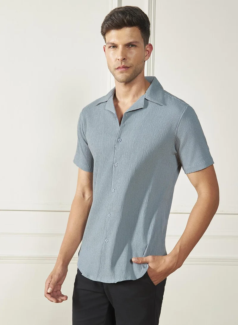 Dennis Lingo Relaxed Fit Grey Shirt For Men Lycra Seer Sucker Fabric Textured Pattern Cuban Collar Half