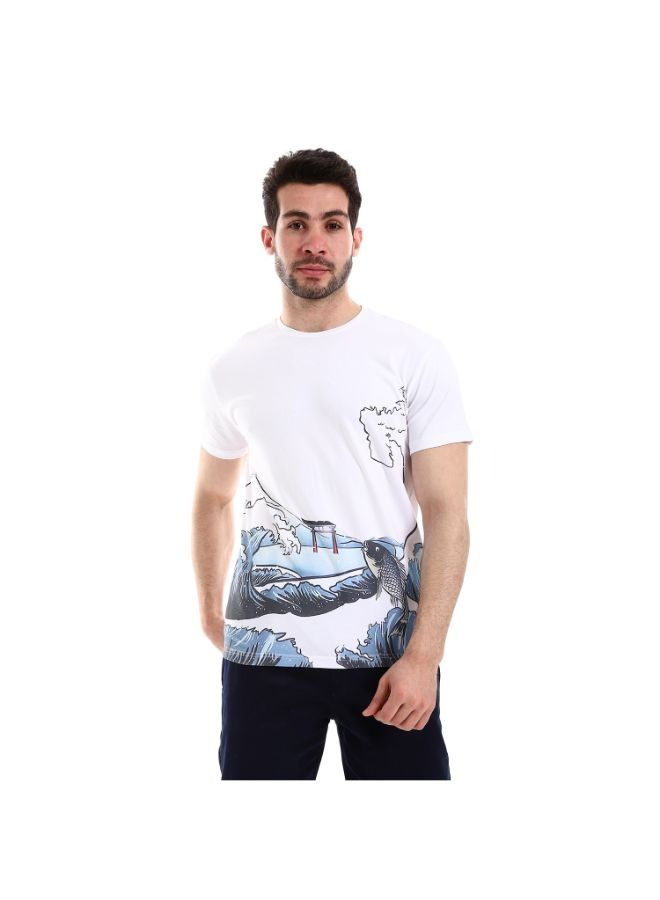 Pavone Self Patterned Short Sleeves Round Neck T-Shirt - White  - Image 1