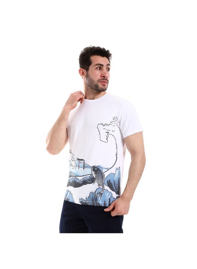 Pavone Self Patterned Short Sleeves Round Neck T-Shirt - White  - Image 2