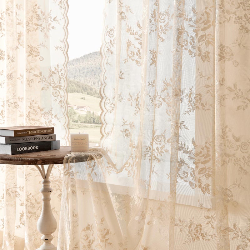 Seekright Beige Lace Sheer Curtains 63 Inch Length Country Floral Curtains For Living Room Bedroom Victorian Flower Curtains 2 Panels Set Rod Pocket Light Filtering Window Drapes Rustic Decor 52X63 - Image 3